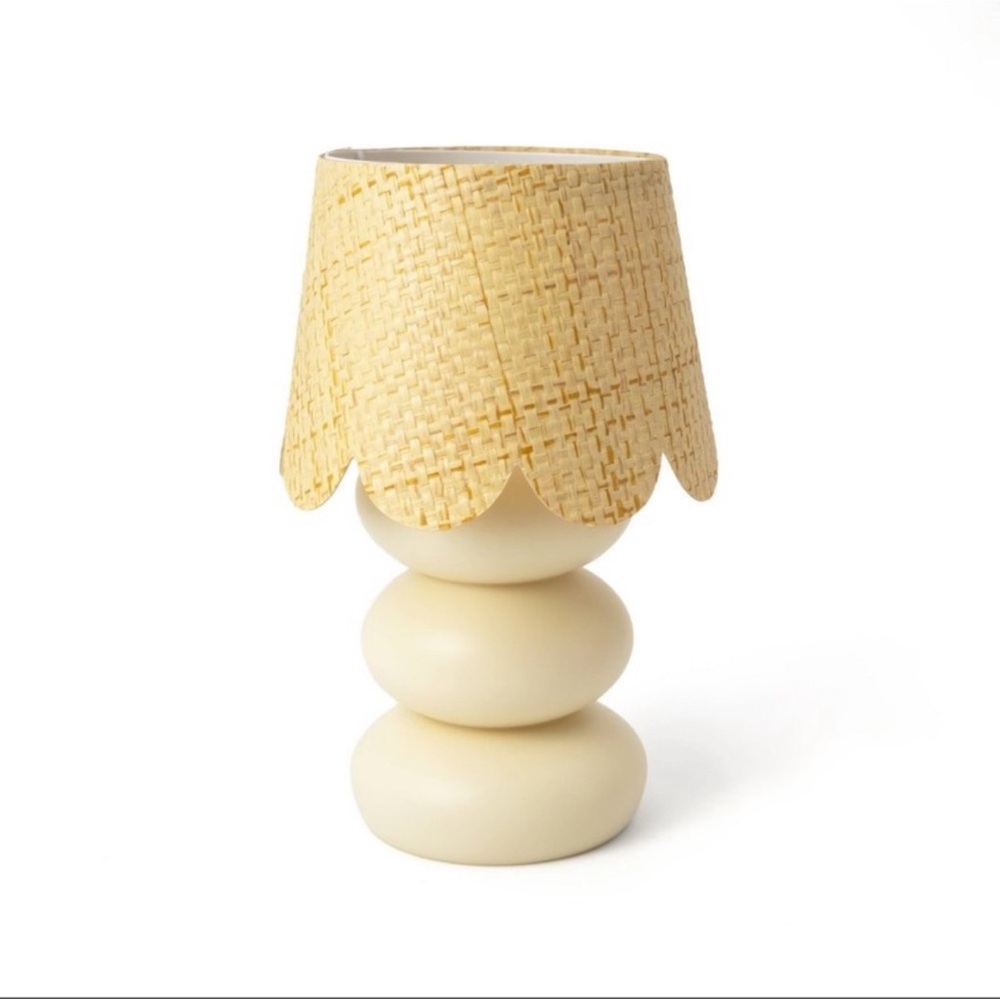 New Target Bullseye Playground Scalloped Woven Shade Table Lamp in a Cream Color